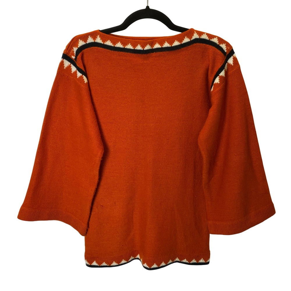Vintage 70s Alice Carol Sweater Women M Orange Geometric Trim Retro Boho Western